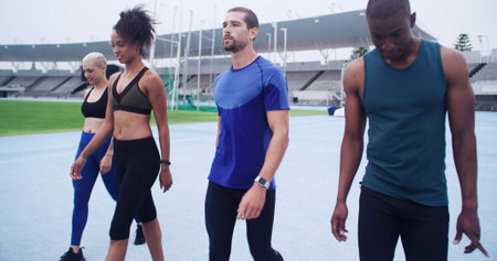 Runner, relax and fitness with people on race track for workout, cardio challenge and marathon...