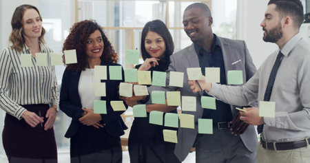 Sticky notes, meeting and business people in office for planning with creative project together....