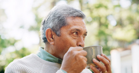 Thinking, drinking coffee and senior man outdoor for peace, calm and remember memory in retirement....