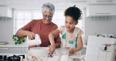 Baking, happy and grandma with girl in kitchen for learning, teaching and helping for cookies....