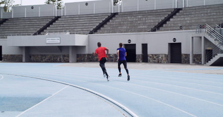 Running, back and fitness with people on race track for cardio challenge, health or competition....