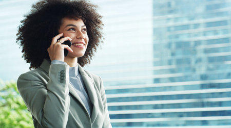 Business, woman and happy with phone call in city for real estate negotiation, deal or listing...