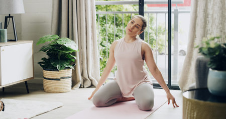 Stretching, workout and woman in home, healthy and improve posture in living room, routine and yoga....