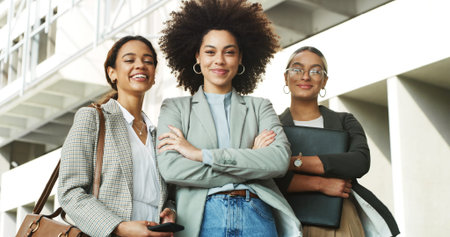 Business women, group and portrait in city with arms crossed, smile and outdoor for real estate...