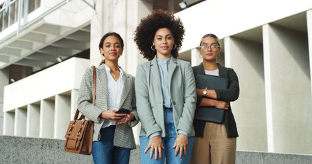 Happy, arms folded and portrait of business women in city with confidence for finance career. Smile, teamwork and group of female financial advisors with pride for corporate job in urban town.の写真素材