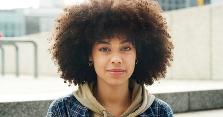 Portrait, African woman and student in city for morning travel, education goals and urban learning....