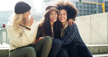 Women, students and hug in city with laughing, happiness for college acceptance and friendship...