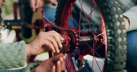 Hands, bike repair and help at park with safety inspection, wheel or chain for ride in summer. People, bicycle and maintenance with gear, outdoor or learning with support for sustainable transportの写真素材