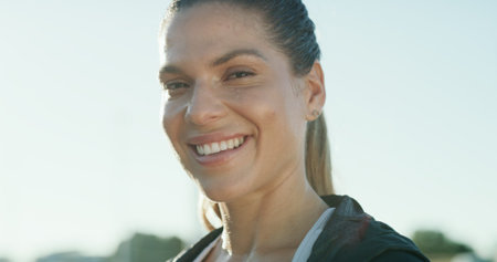Fitness, smile and portrait of woman outdoor for health, wellness or workout with space. Happy...