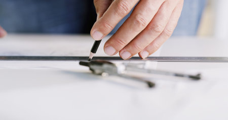Architect, hands and ruler on paper for measurement, accuracy and building development. Floor...
