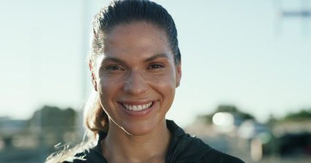 Portrait, smile and athlete woman in city for fitness, fresh air and break with exercise recovery....