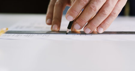 Architect, hands and ruler on blueprint for measurement, accuracy and building development. Floor planning, instrument and person drawing on paper for architecture, engineering and creativityの写真素材