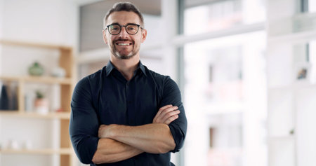 Crossed arms, happy and portrait of businessman in office with confidence for finance career. Smile,...