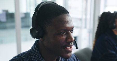 Call center, agent and man with headset, service or consultation for sales, tech or lead generation....