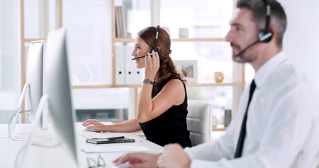 Customer service, call center and business people with advice, computer and online help or...