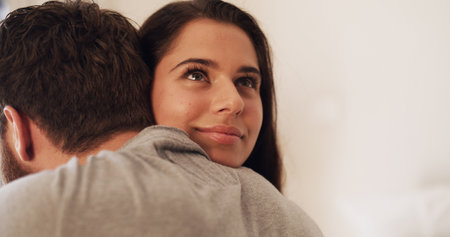 Couple hug, love and woman with thinking for relationship reflection, bonding together and security. Space, people and embrace with happy memory for commitment, protection and loyalty with supportの写真素材