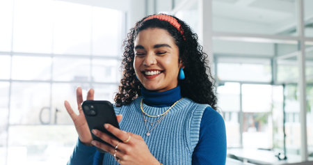 Woman, smartphone and happy with texting at startup, scroll and notification for deal at media...