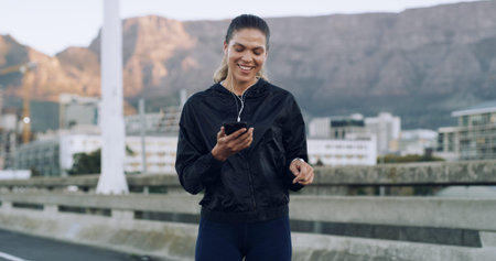 Fitness, happy and woman in city with music for workout routine, exercise and training outdoor....