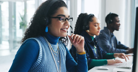 Call center, headset and woman in office with communication, CRM or online consultation. Coworking,...