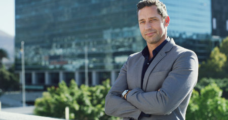 Businessman, portrait or city planning with arms crossed, real estate or property redevelopment....