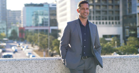 Business, man and outdoor for city planning, urban development with real estate insight or thinking....