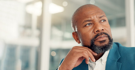 Thinking, ideas and black man in office with decision, choice or opportunity in finance career....
