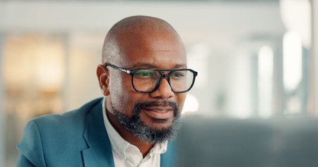 Glasses, laptop and information with business black man in office for management of company...