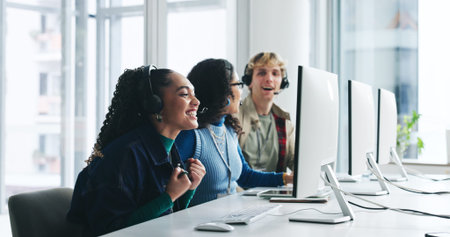 Business, call center and people with computer, celebration and kpi target with success. Customer...