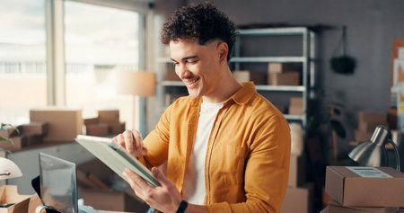 Tablet, smile and man in office for distribution, inventory management or reading online review....