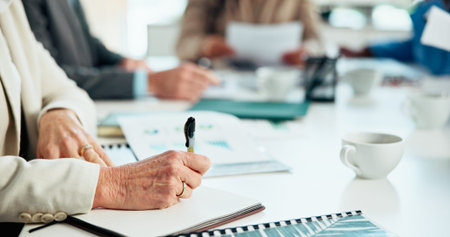 Business people, hands and writing with book in meeting for corporate strategy or ideas in office....