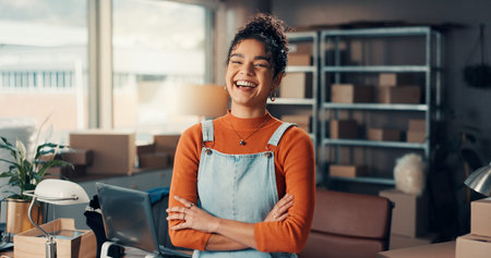 Portrait, crossed arms and woman in office with logistics, shipping or delivery for small business....
