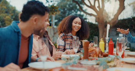 Friends, laugh and discussion with lunch outdoor for conversation, bonding and social gathering....