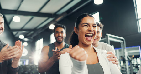 Fitness, celebrate and people in gym with applause for exercise, training and workout success....