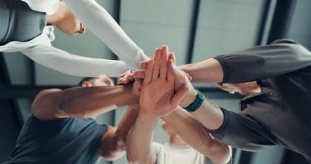 Fitness, team or hands together in support at gym for exercise victory, success or workout goals....