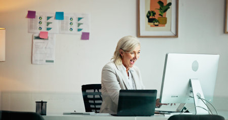 Excited, employee and woman with computer in office, sales manager or notification for bonus or win....