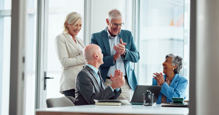 Applause, group celebration or excited business people in office for success, win or financial goal....
