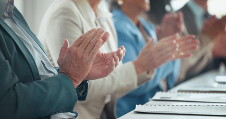 Business people, hands and meeting with applause for congratulations or thank you in office. Group,...