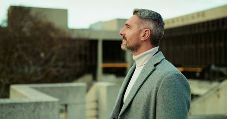 Thinking, smile and business man in city for property agent, real estate vision and travel....