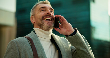 Business, phone call and man in city, funny and networking with communication, contact and smile....