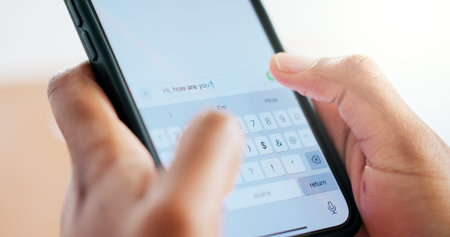 Hands, person and phone screen for typing message, communication and texting inquiry. Woman, mobile...