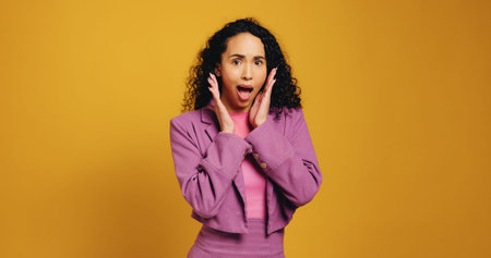 Portrait, shocked and woman in studio, wow and sales announcement on yellow background. Space,...