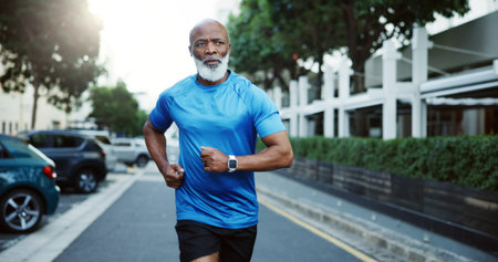 Fitness, running or black man with exercise outdoor for marathon workout, cardio routine or health....