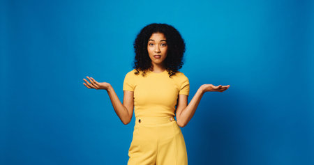 Compare, portrait and shrug with woman in studio for balance, choice of weight or decision....