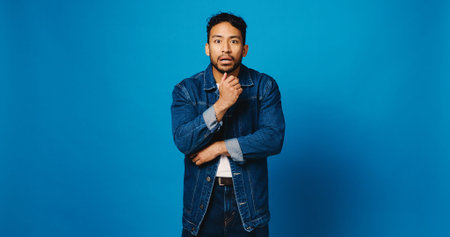 Portrait, surprise and man in studio, wow and sales announcement on blue background. Space, shocked...