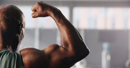 Fitness, flex and arm of man in gym for bodybuilding training, exercise and strength workout....