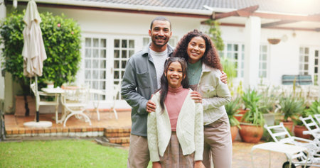 House, backyard and portrait of parents with child for property, new home and real estate purchase....