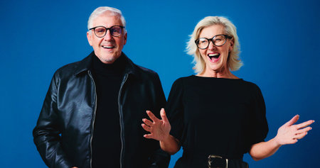 Happy, glasses and portrait of senior couple for optometry deal, pensioner discount and optician...