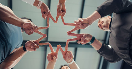 Below, star and hands of people with fitness team, partner or solidarity with shape for support in...