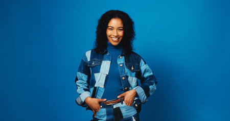Happy, fashion and portrait of woman on blue background for trendy style, casual clothes and...