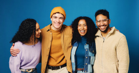 Hug, students and portrait of people in studio for college application, enrollment and scholarship....